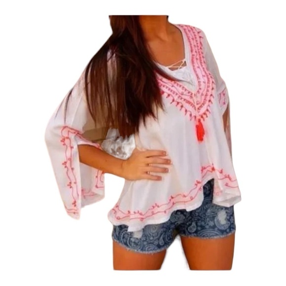 VINTAGE HAVANA WHITE AND NEON PINK EMBROIDERED GYPSY
TUNIC TOP size M - Picture 6 of 14
